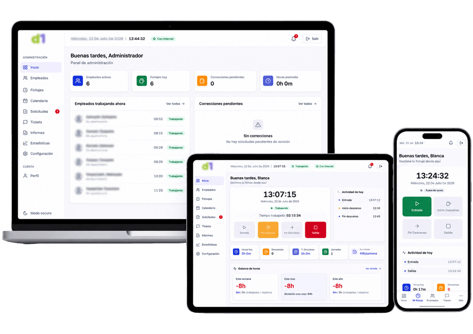 Plataforma de fichaje digital de LN Digital en ordenador, tablet y móvil